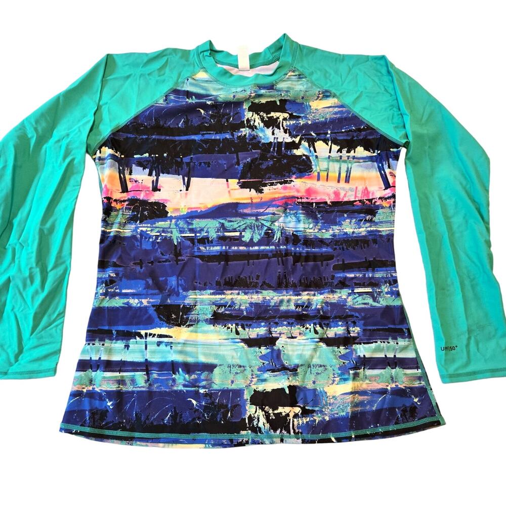 GRAND EVEREST Green Graphic Print Long-sleeve UPF Rash Gaurd Shirt Size XL